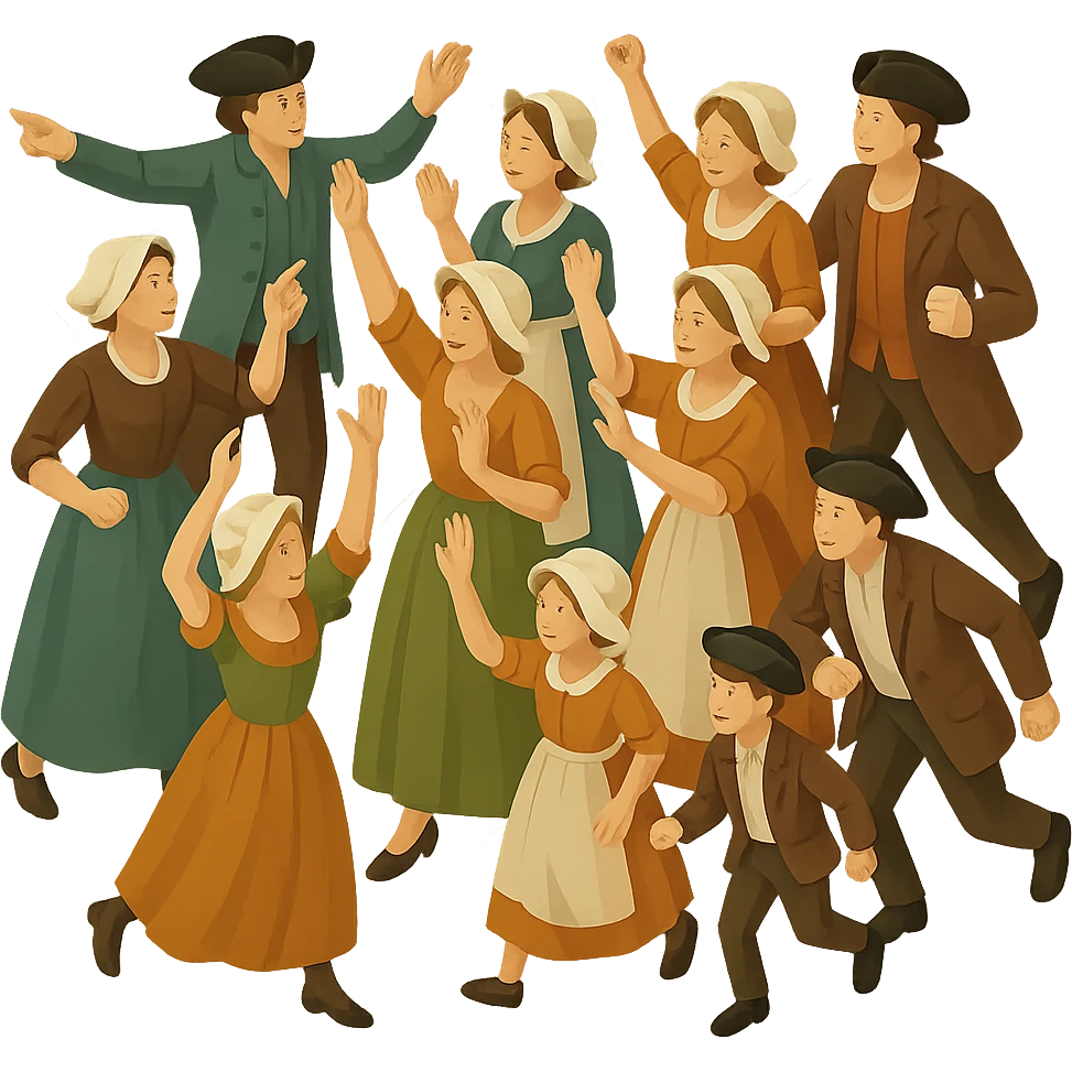 Create an isometric full body illustration of an 18th century crowd in a different pose. Include men, women, and children wearing period-appropriate clothing and hats. The arrangement should be dynamic and lively. No background and no text. emoji