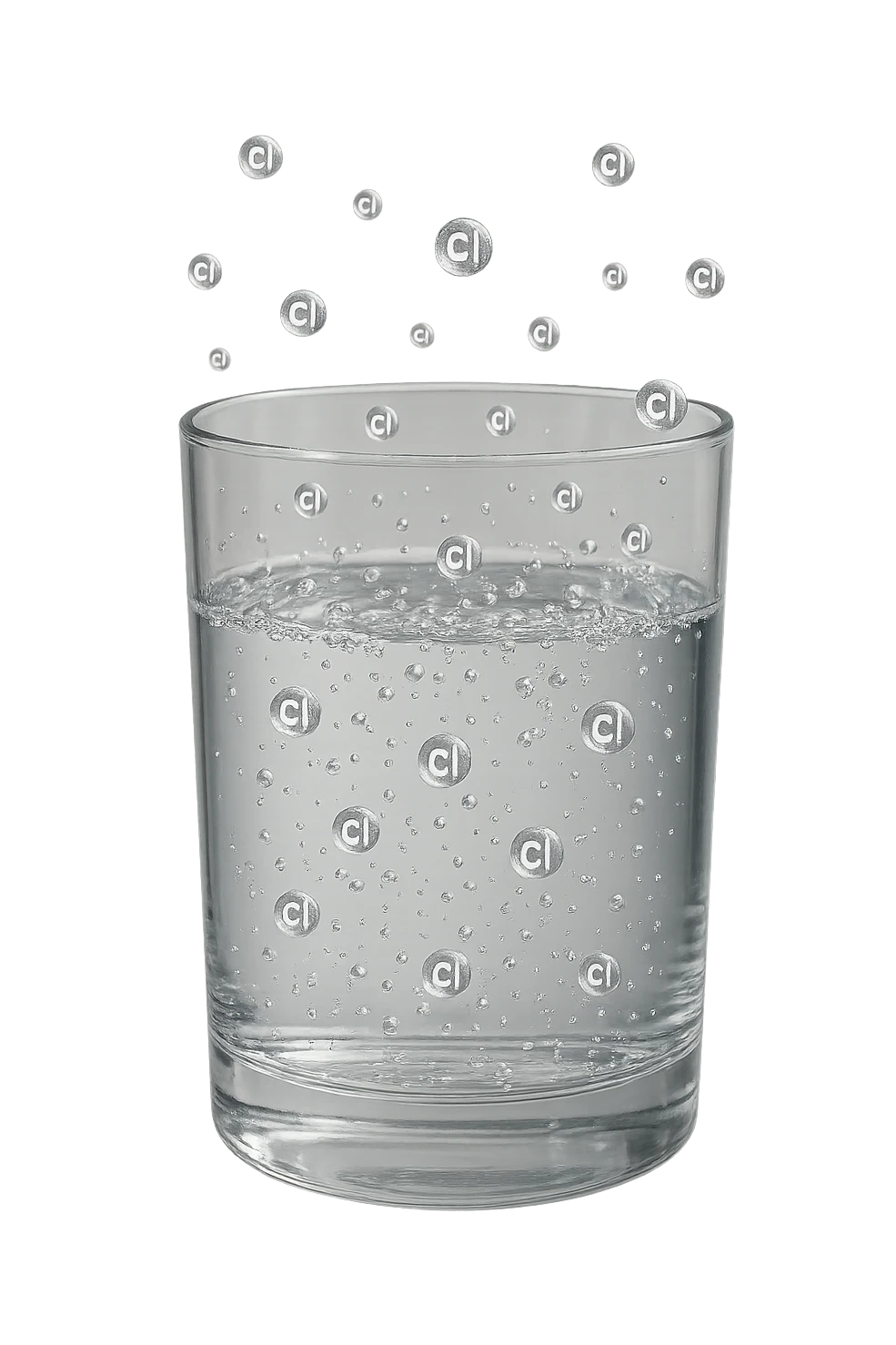 un bicchiere di acqua fluttua in aria realistico e dettagliato, dentro l'acqua del bicchiere ci sono particelle di cloro ben visibili con la scritta "Cl" sopra, ci sono particelle anche che escono dal bicchiere e fluttuan
o in aria verticalmente, mentre alcune sono all'interno dell'acqua nel bicchiere, iperrealistico 4k emoji