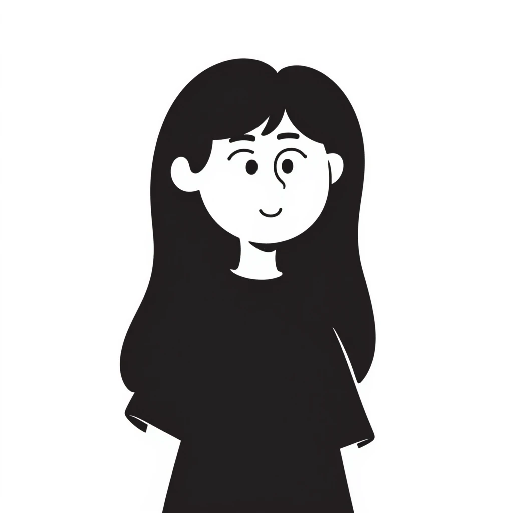 white girl, black long straight hair, brown eyes, dark eyebrows, small lips, black t-shirt emoji