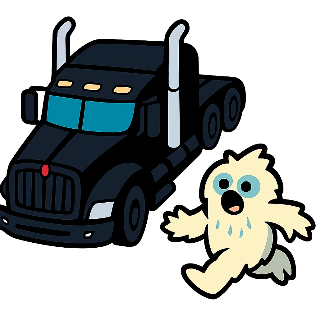 Remove the background, keep only the black Kenworth W680 flat top semi truck and the small furry abominable snowman, top-down vibrant toon style, colorful and playful, no text. emoji