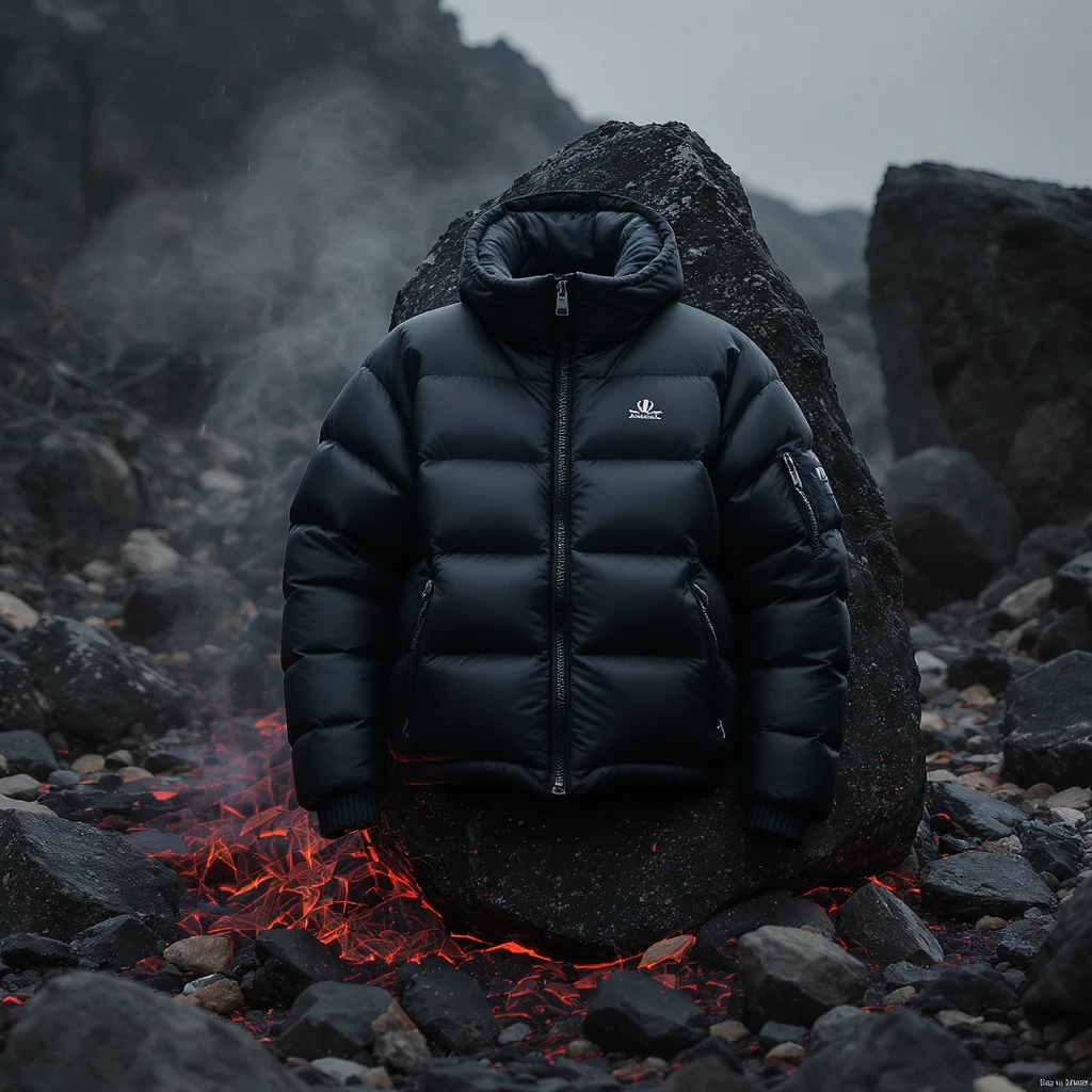 cinematic still of a black puffer jacket around black stone with red coal temeperature environment emoji