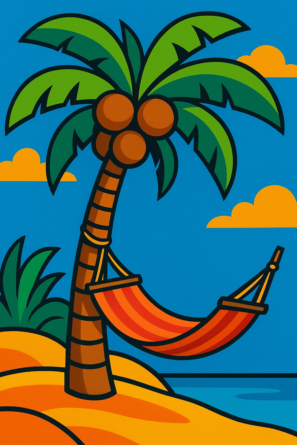 palm tree with coconuts and a hammock, relaxing vacation vibe emoji