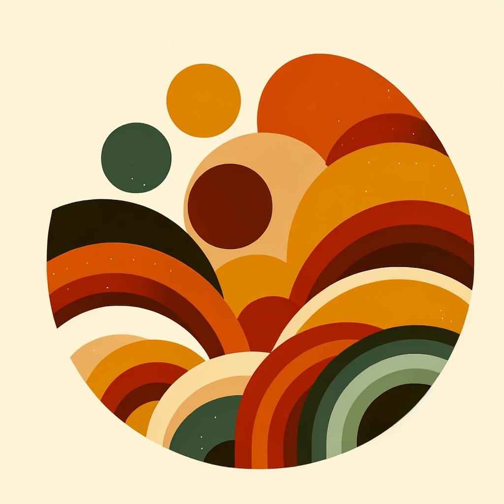 Abstract geometric autumn background, overlapping circles and rectangles, earthy fall tones (terracotta, mustard, deep green, burnt orange), flat minimalist design, clean shapes, modern style emoji