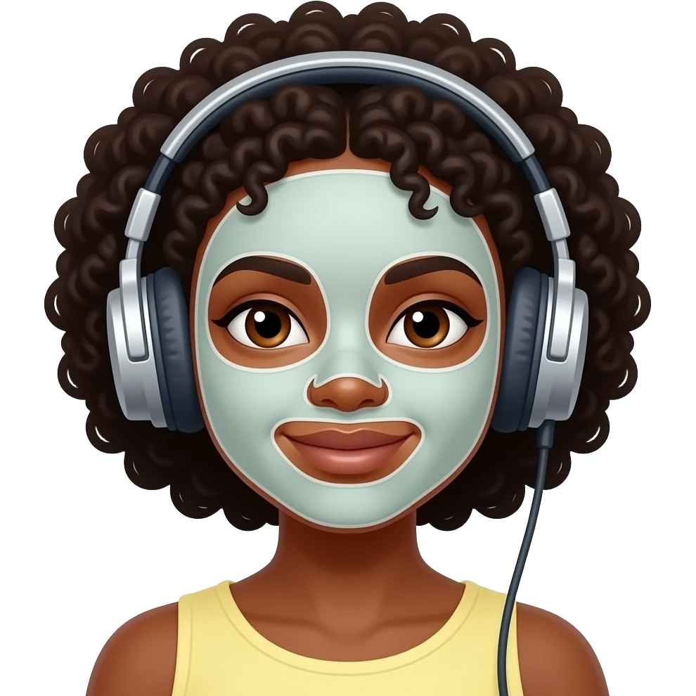 Black girl with headphones and spa mask emoji