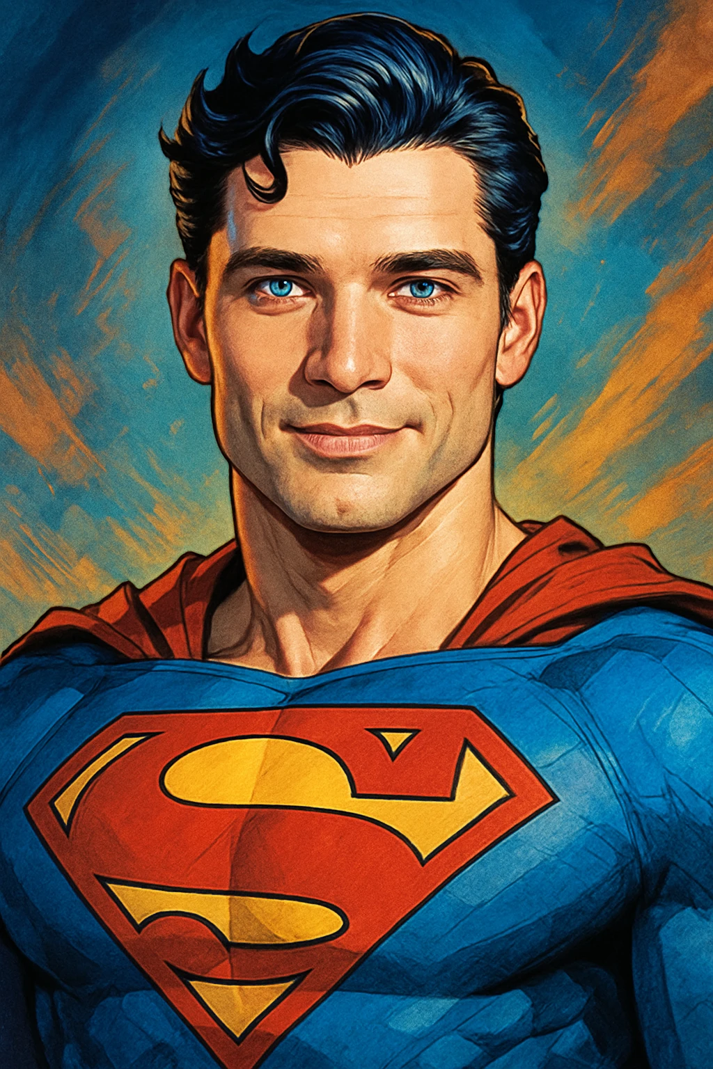David Corenswet as Superman, close-up portrait, S-shield visible, blue eyes, slight smile, modern comic book style emoji