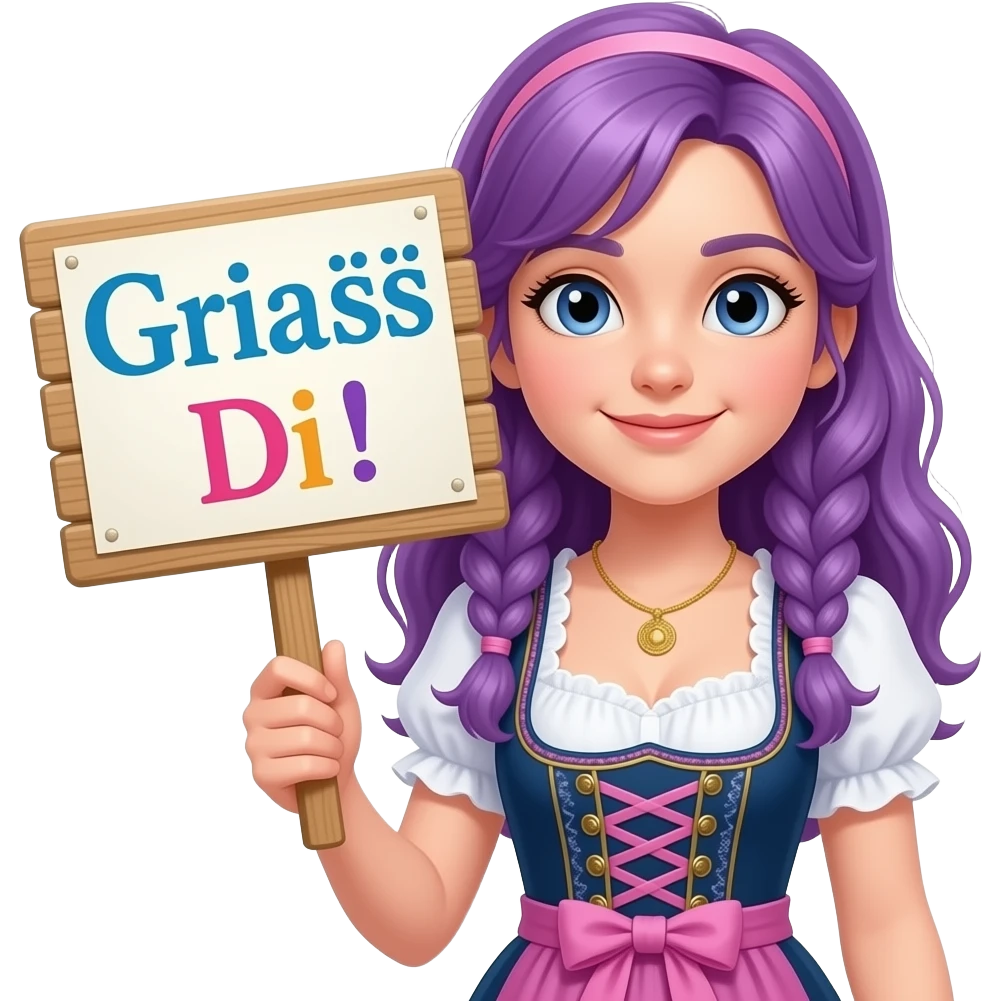 girl with long purple hair wearing a dirndl holding a Griaß Di! sign emoji