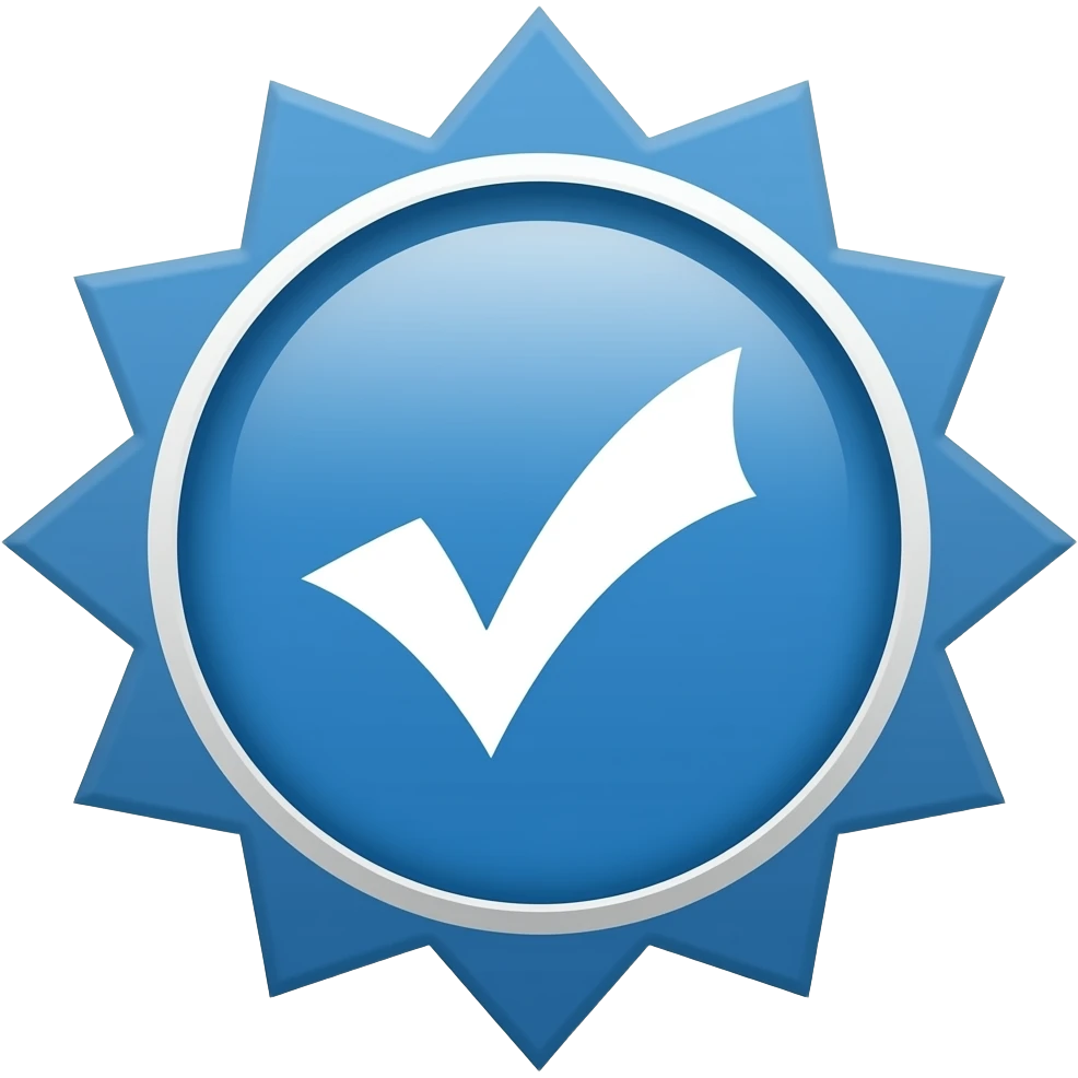 A flat icon of a blue verification badge with a circular center and 12-pointed jagged starburst edge, solid medium blue fill, thick white checkmark in the center, simple minimal design, no background, isolated on transparent. emoji