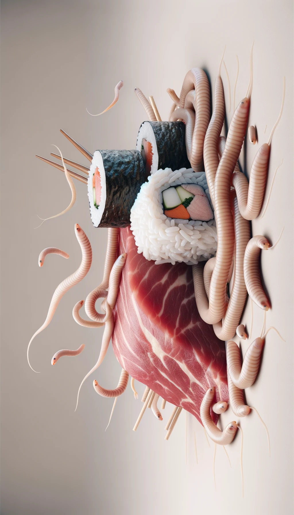 carne cruda fluttua insieme a sushi, intorno a loro fluttuano vermi lunghi e beige chiaro, sfondo neutro chiaro, iperrealistico 4k emoji