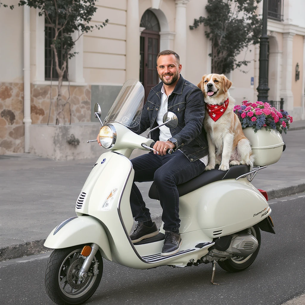 man and his pet dog riding a vespa emoji