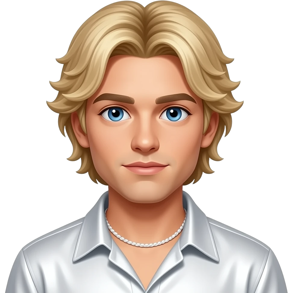 Nick Carter from Backstreet Boys with blue eyes, blonde 90s medium mushroom cut hair, white metallic shirt, white necklace emoji