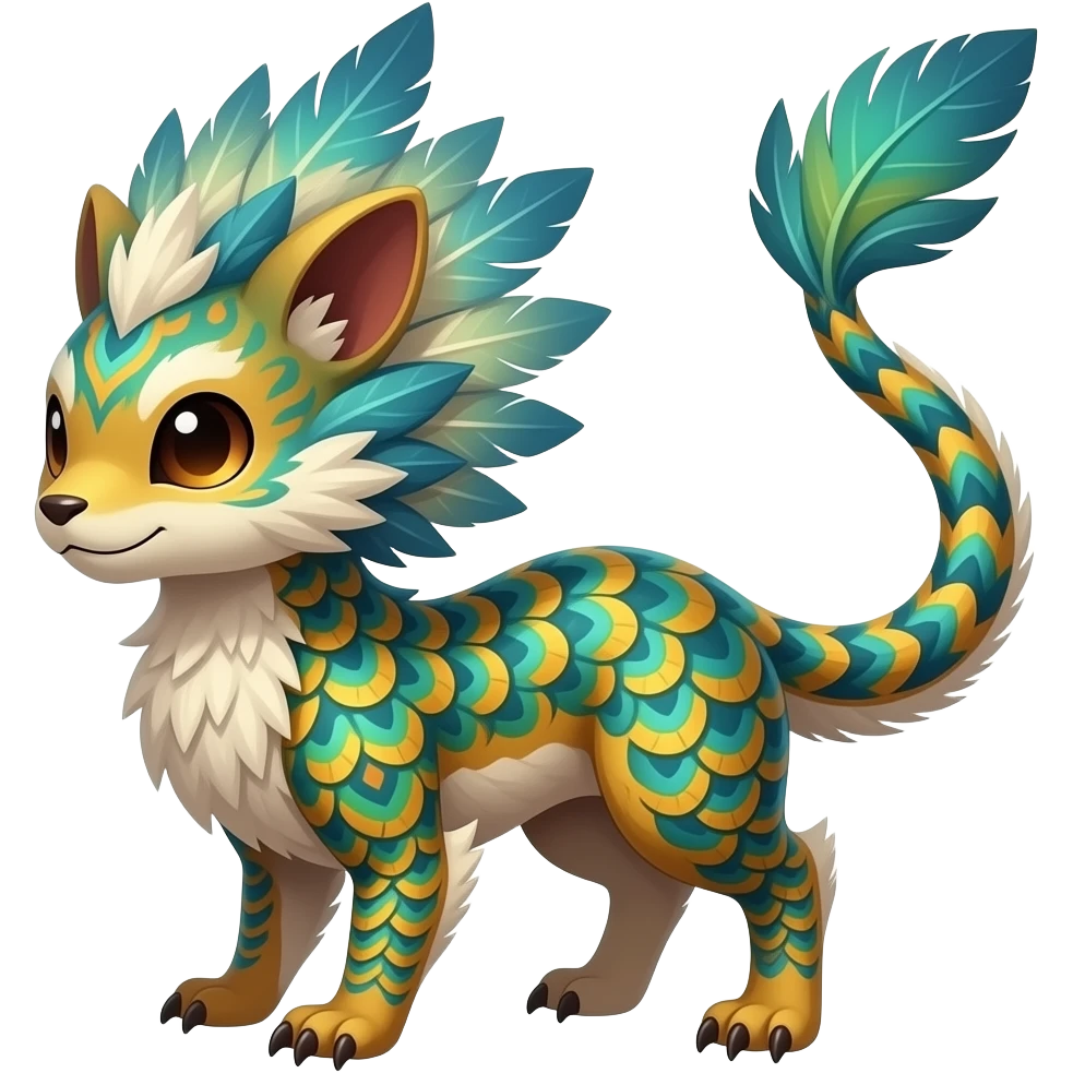 Tribal-patterned aboriginal majestic feathery elegant realistic stylish Furry, fluffy feathery tropical painted scaly, colorful Litten-Minccino-Bambino-Linoone-Zangoose-fusion-hybrid-animal-Fakémon-creature, full body, thin long sleek tufted tail, intricate markings emoji