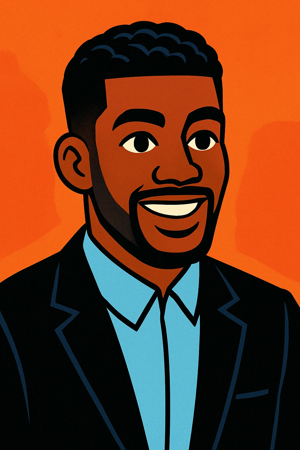 male Afro-American with neat haircut and wavy hair, dressed in black suit and light blue shirt, vibrant toon style emoji