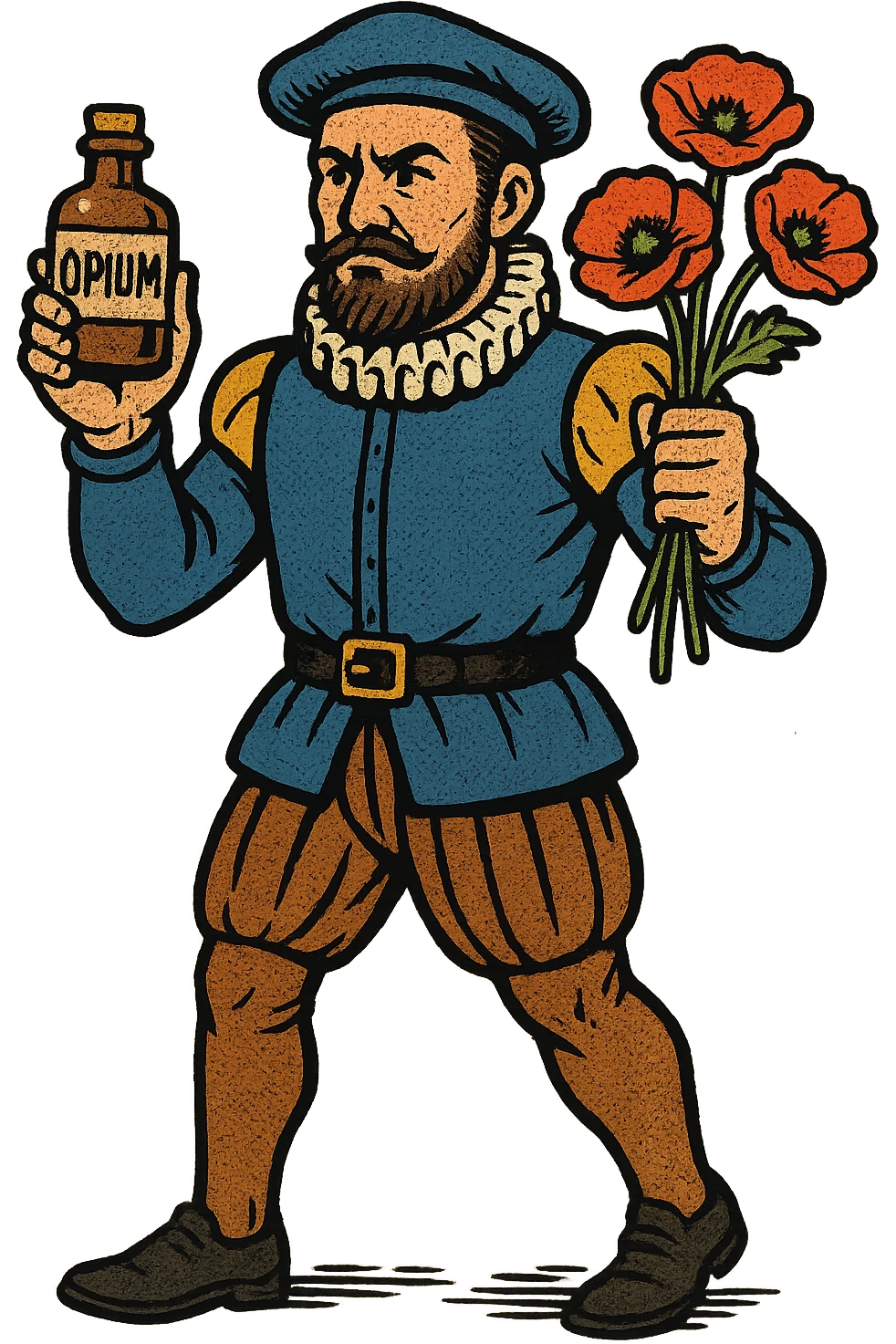 the full body of a tudor explorer sailor holding poppies and an old medicine bottle with the word opium on it emoji