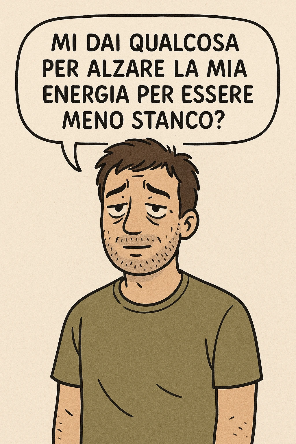 uomo che dice in una nuvoletta "mi dai qualcosa per alzare la mia energia per essere meno stanco?" emoji