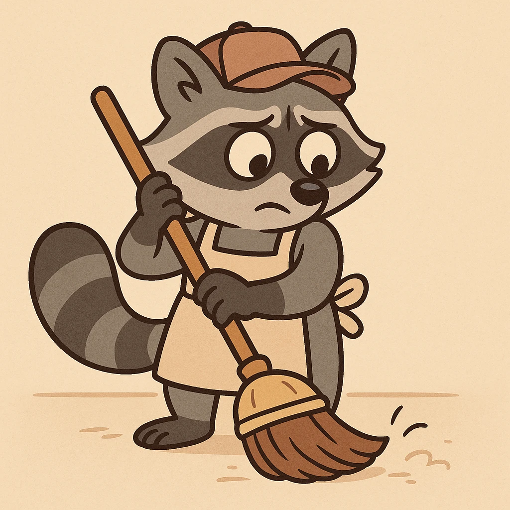 a raccoon sweeping the floor, wearing a cap and apron, cute and simple style emoji