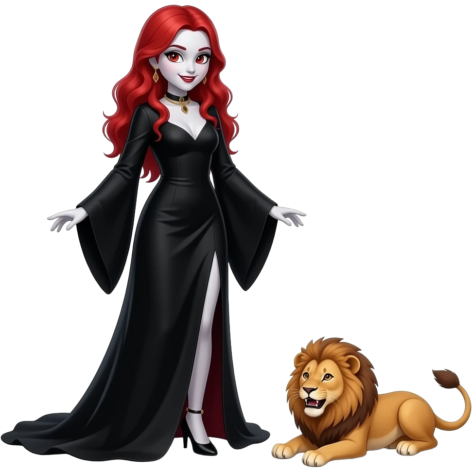 Vampiro femmina adolescente con la pelle bianca e i capelli rossi che indossa un vestito lungo nero e le maniche larghe e guarda il suo leone CUCCIOLO PICCOLO che si rotola per terra ed è felice emoji