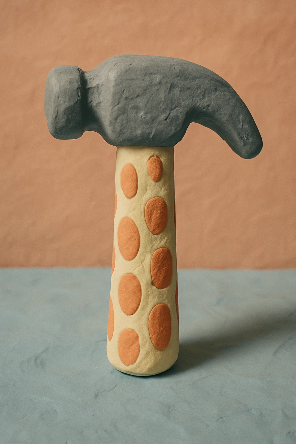 A claymation hammer with a patterned handle and a textured metallic head, matte texture with visible fingerprints, pastel colors emoji