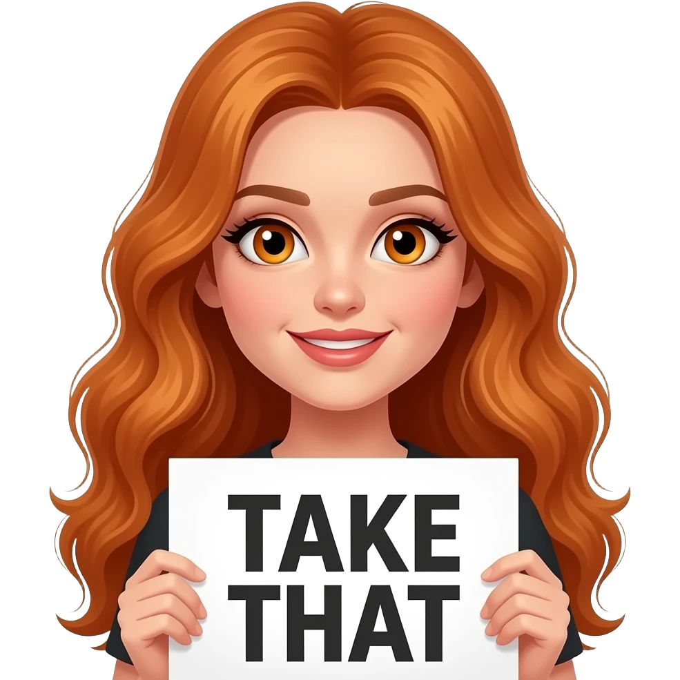 a sexy girl with long wavy ginger hair and ginger eyes is holding a TAKE THAT sign emoji