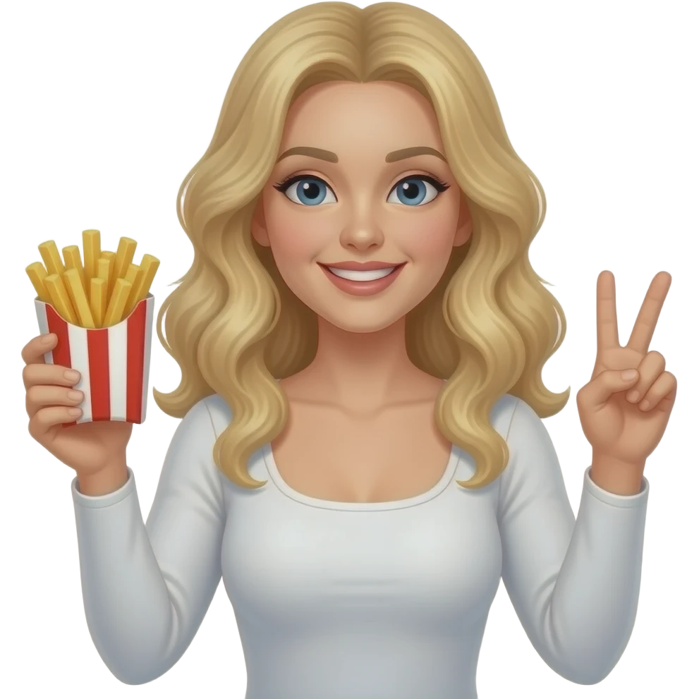 Blonde lady crimped hair middle part long holding french fries in a stripped red and white holder throwing up peace with innocent smile in a long sleeve white top with a square neck emoji