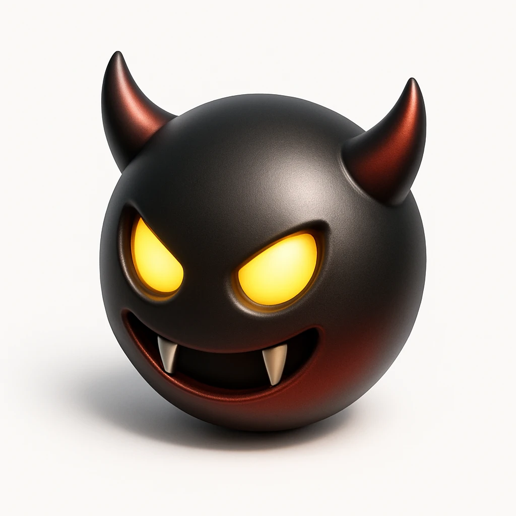 devil emoji, metallic black and red, sharp fangs, glowing yellow eyes, dramatic shadows, metallic effect emoji