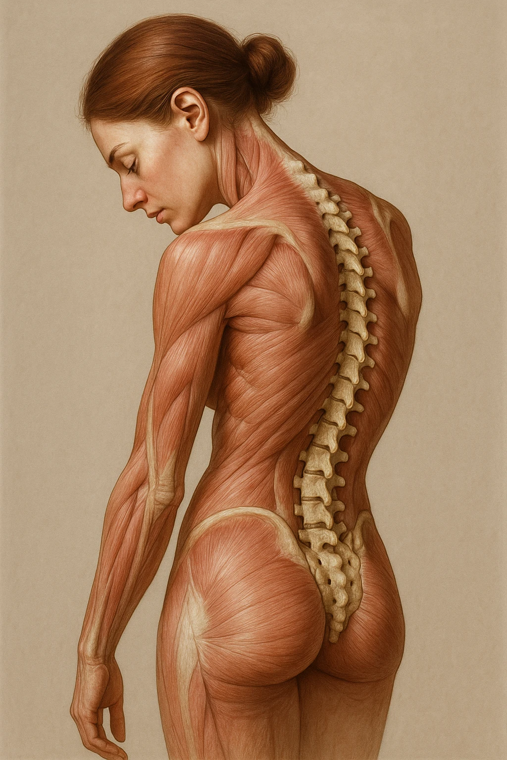 CORPO UMANO ANATOMICO di una donna di profilo con spalle chiuse e postura incurvata, spina dorsale in evidenza, IPERREALISTICO 4K emoji