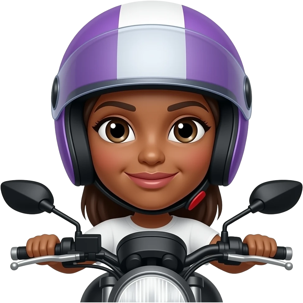 Mujer morena y blanca con casco lila y morado en moto negra emoji
