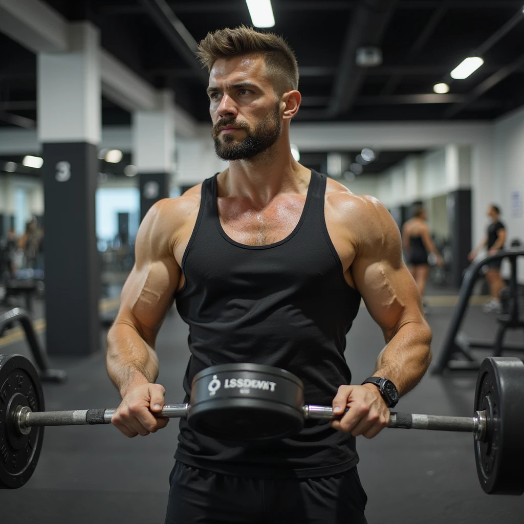 Uomo che si allena in palestra, esegue panca piana con bilanciere, abbigliamento sportivo, fisico atletico, atmosfera motivazionale, dettagli iperrealistici 4K, ambiente moderno da palestra. emoji