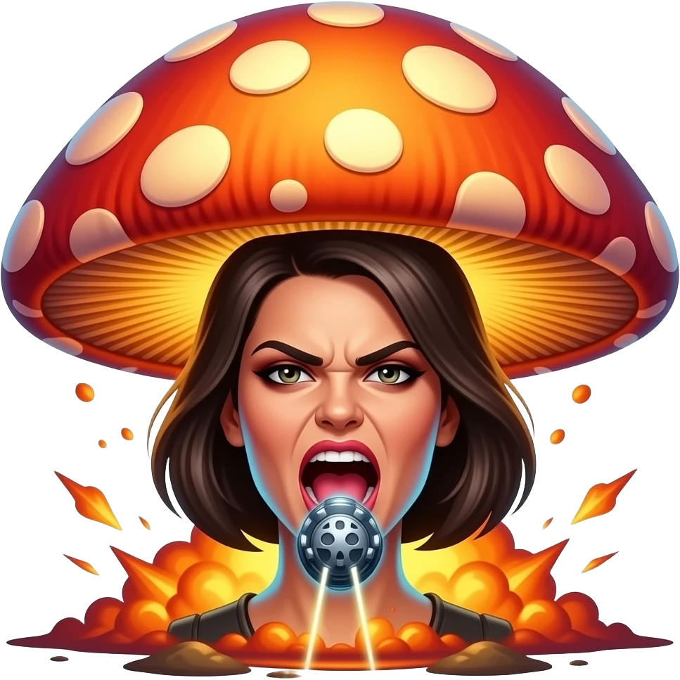 furious female face, Death Star laser cannon beam, giant explosion mushroom cloud, neon glow, dramatic lighting, emoji style, vibrant colors emoji