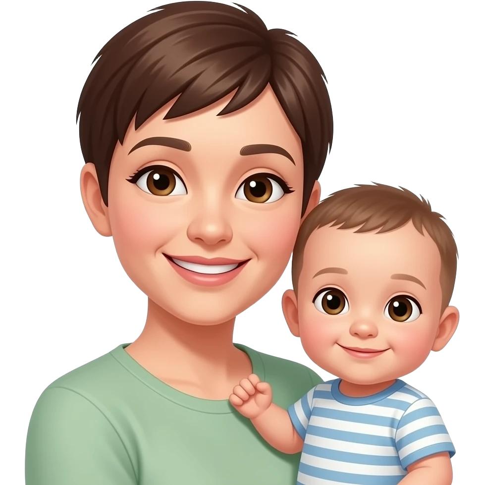 late 30's female with very short cropped hair, brown eyes, nice smile holding a baby boy emoji
