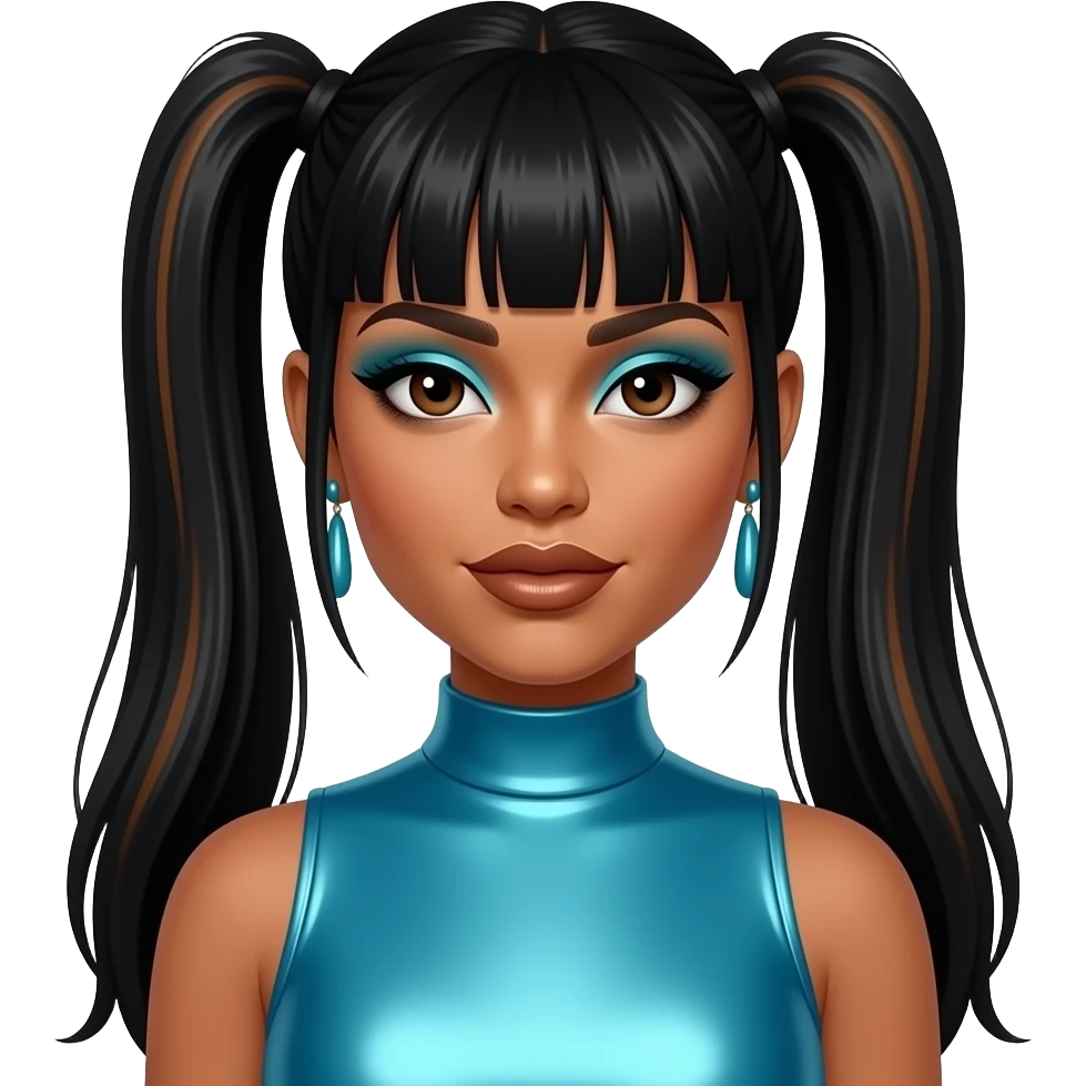 Lisa Left Eye Lopes from TLC with dark brown eyes, medium black straight two high ponytail bang hair with dark brown highlights, cyan eyeshadow, bronze lipstick, cyan metallic high neck dress, cyan earrings emoji