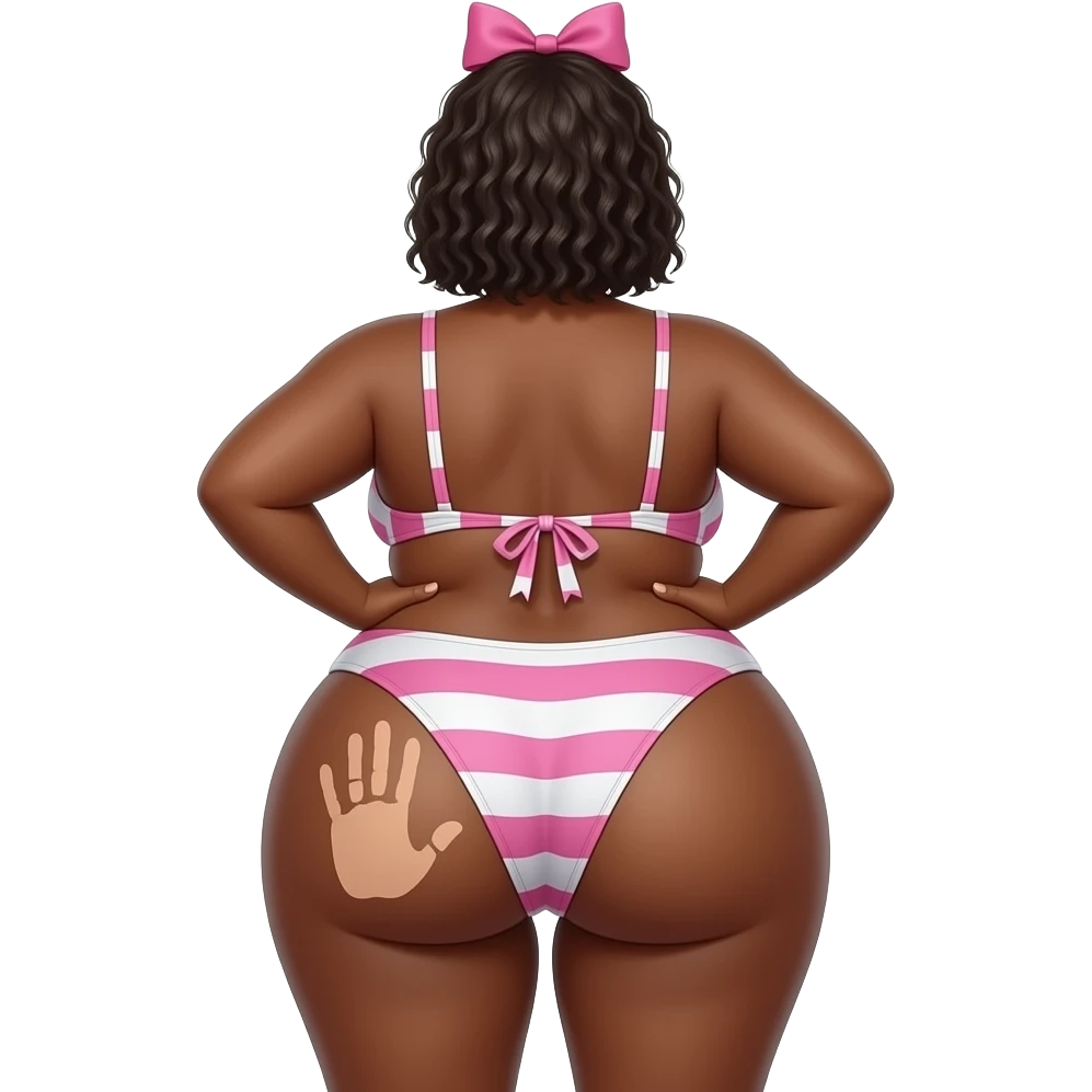 A tanned really extremely fat heart shaped pink and white big booty African showing back its bikini and big thighs and buttocks while putting her hands behind the wall and she has a skin colored hand print on her left buttocks and she with a pink bow tie on her head emoji