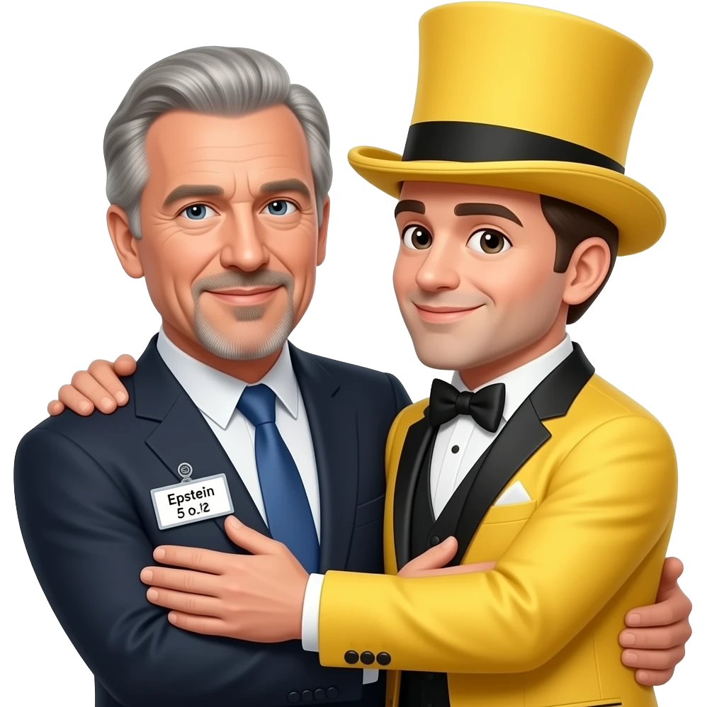jeffrey epstien gray hair and a nametag that says epstien who also has a 5 oclock shadow hugging a stage magician in a yellow suit who is also wearing a yellow top hat emoji