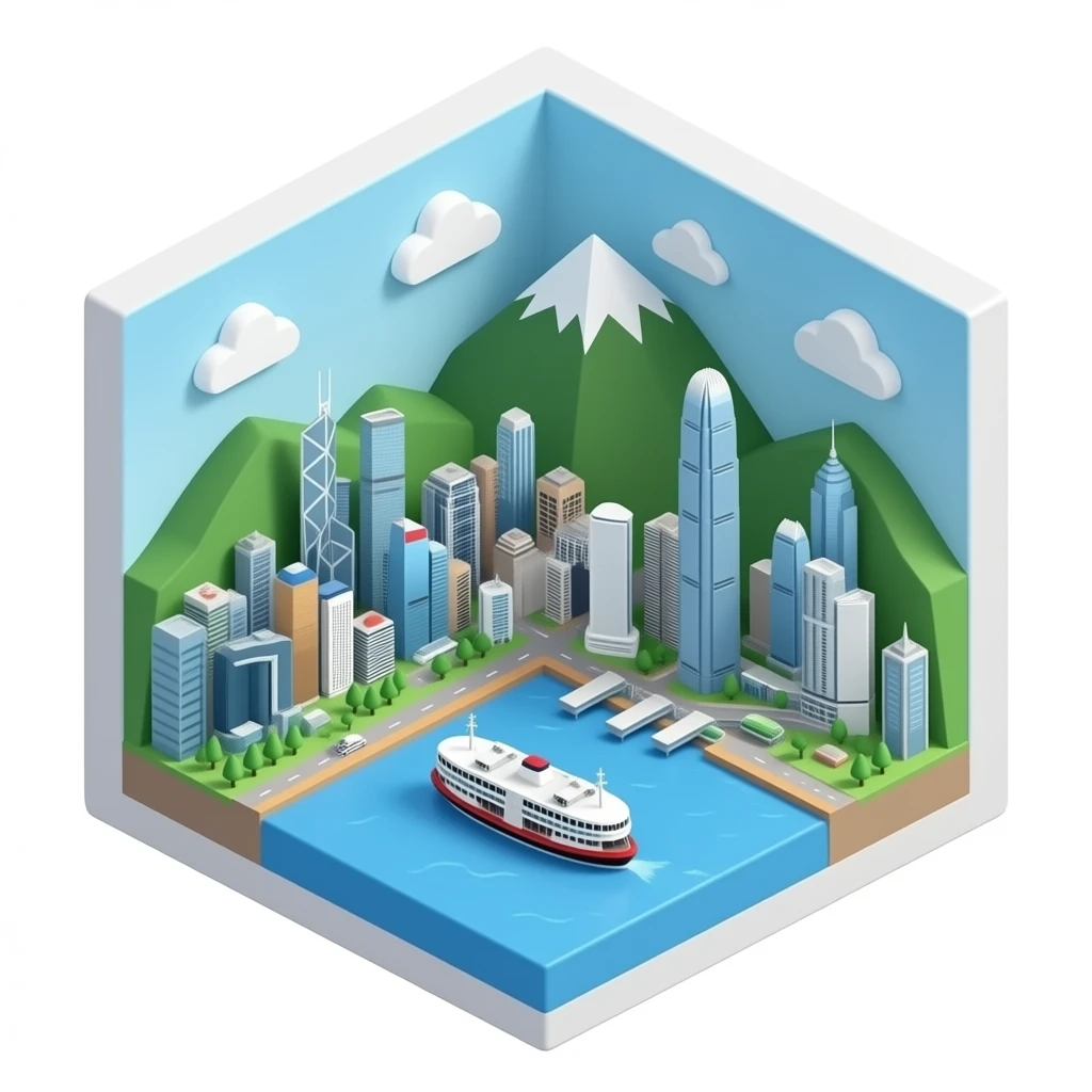 3D isometric miniature emoji of Hong Kong skyline with Victoria Peak view, dense skyscrapers, Victoria Harbour, Star Ferry, cute chibi style, rounded shapes, glossy vibrant colors, soft lighting, tiny diorama, minimal background emoji