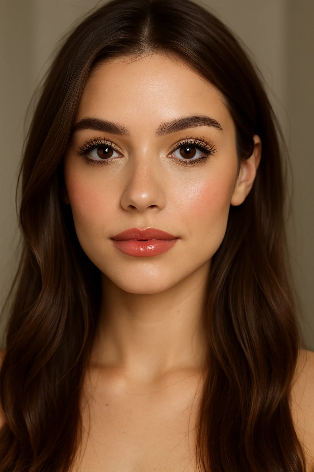 portrait of a pretty girl with long brown hair, long lashes, brown eyes, nude lip liner, highlighter, blush, and lip gloss, soft lighting, natural makeup look emoji