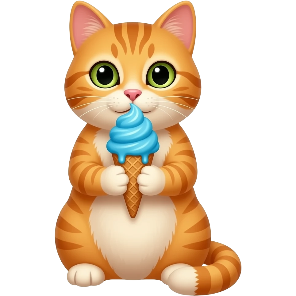 orange cat hold ice cream with vibrant blue scope hold ice cream wit two hands sitting pose front view emoji