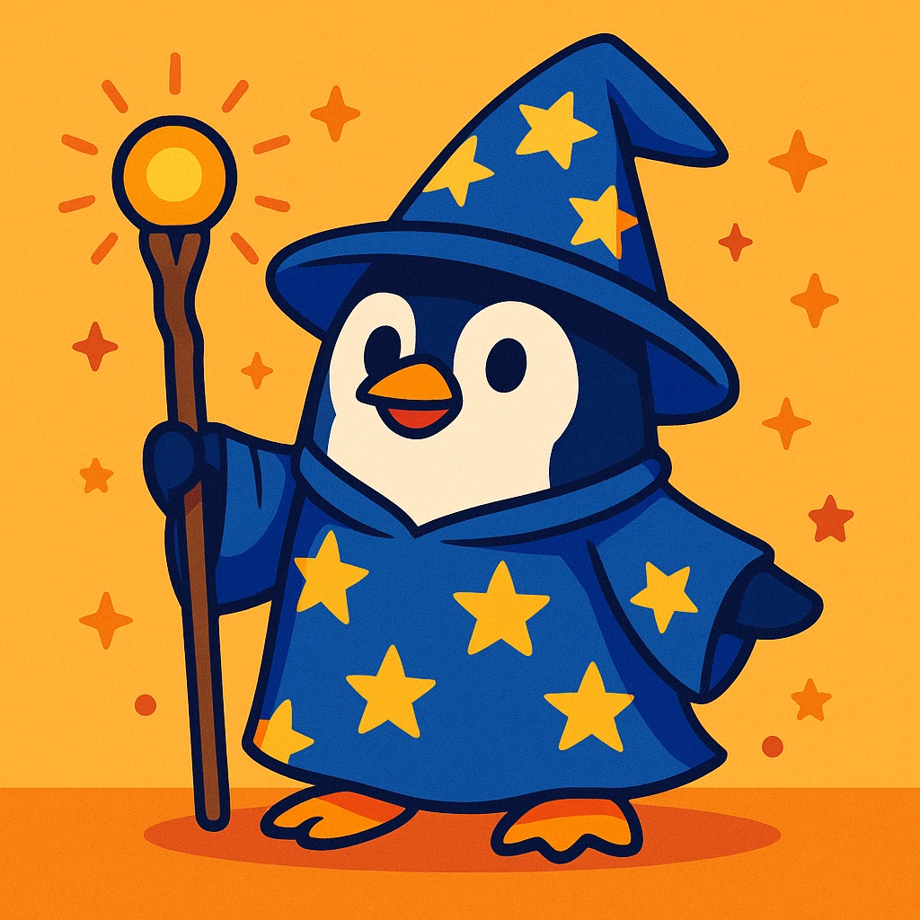 a penguin wizard with a starry robe and a magic staff, vibrant cartoon style emoji