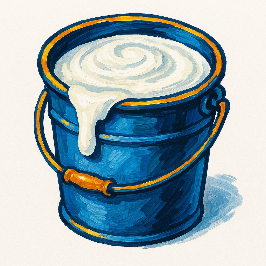 Нарисуй мне на белом фоне ведро с белым жидким каучуком. в ярком рисованном стиле. emoji