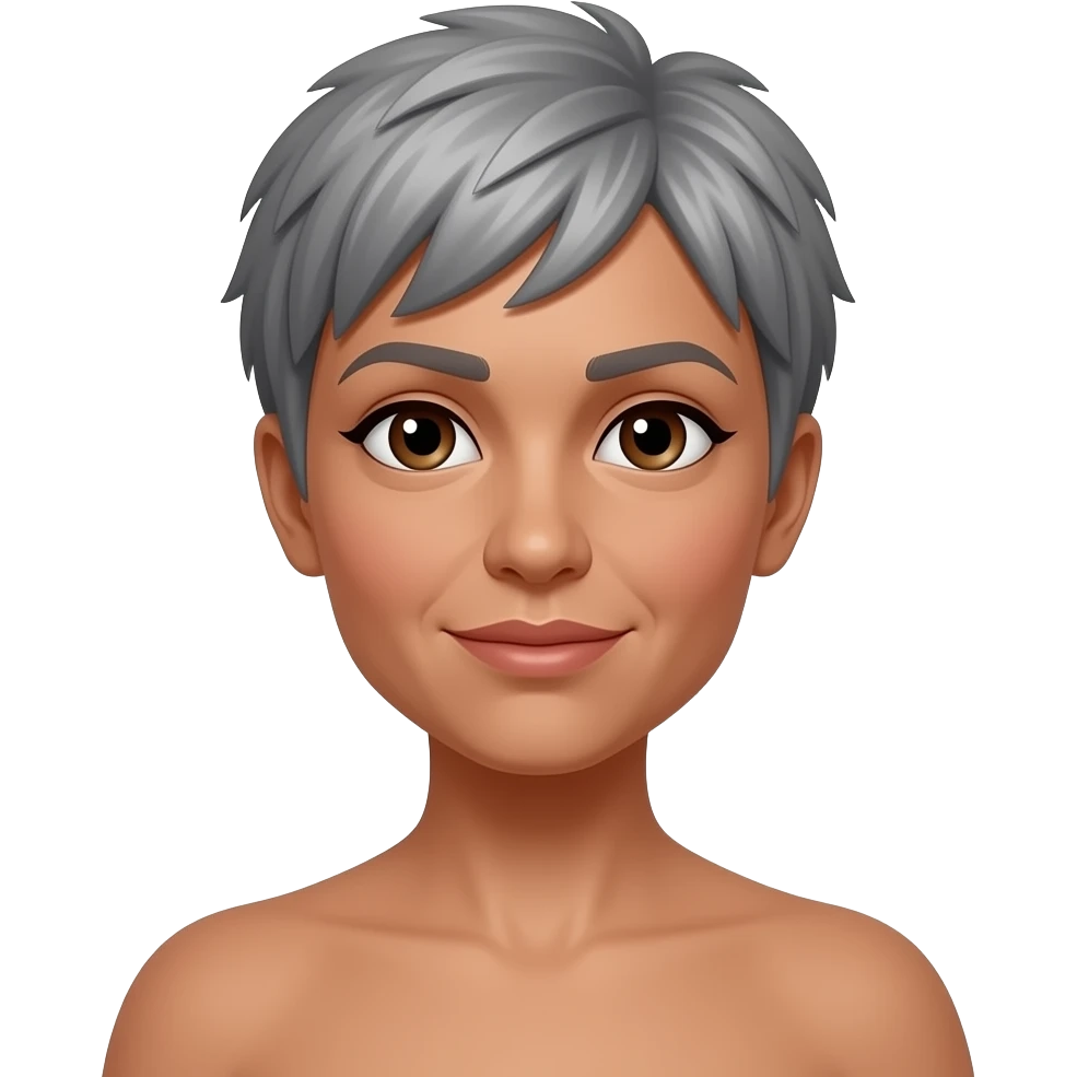 woman 50 years old, nude body, short grey fluffy cut hair, tannes skin and brown eyes emoji