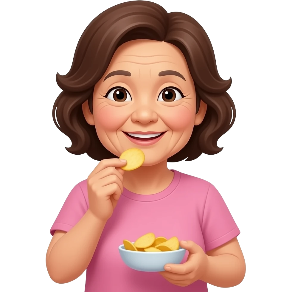 Asian grandma wearing pink tshirt with wavy short brown hair eating potato chips emoji