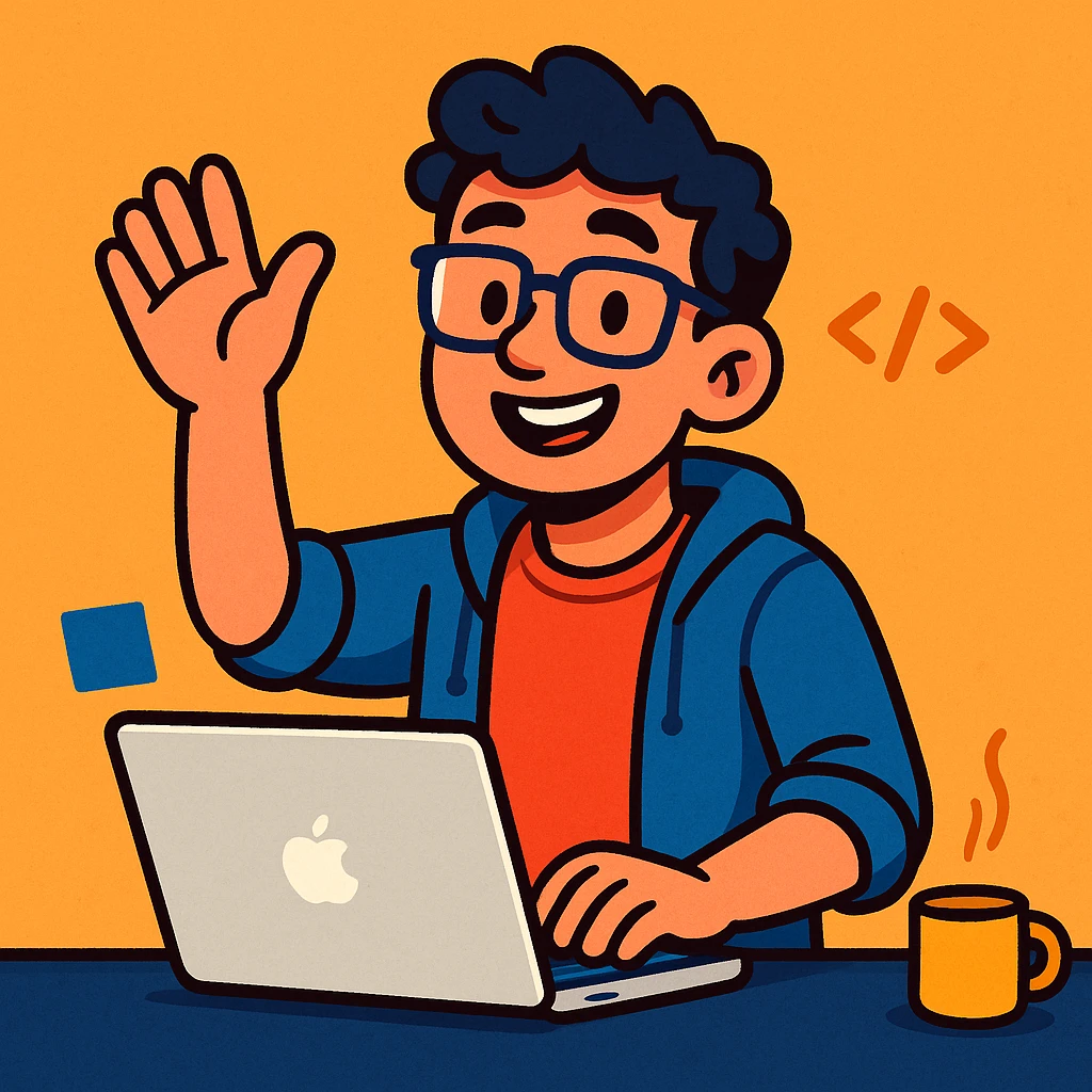 a young developer working on a MacBook, looking up and waving with a friendly smile, casual modern style, clear facial expression, digital art emoji