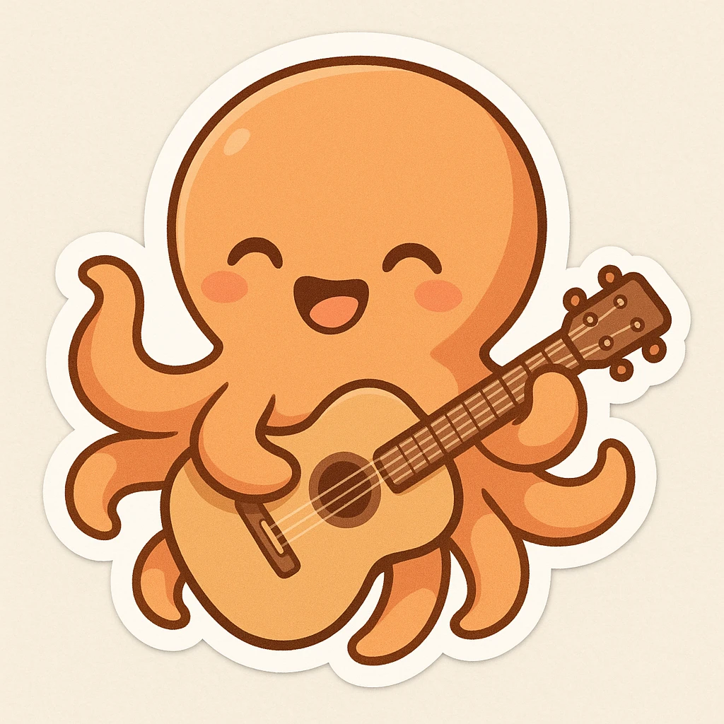 happy octopus with multiple arms playing guitar emoji