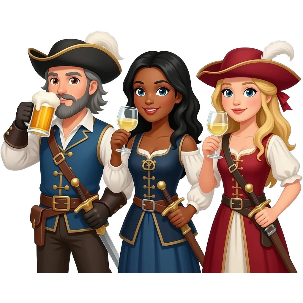 Three musketeers with swords and hats. One guy with salt and pepper hair, beard and brown eyes, one girl with black hair and tanned skin and one girl with blond hair. The guy is drinking beer and the girls white wine. emoji