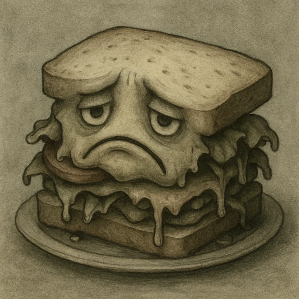 a sandwich looking gloomy with a frowning face, soggy ingredients, muted tones emoji