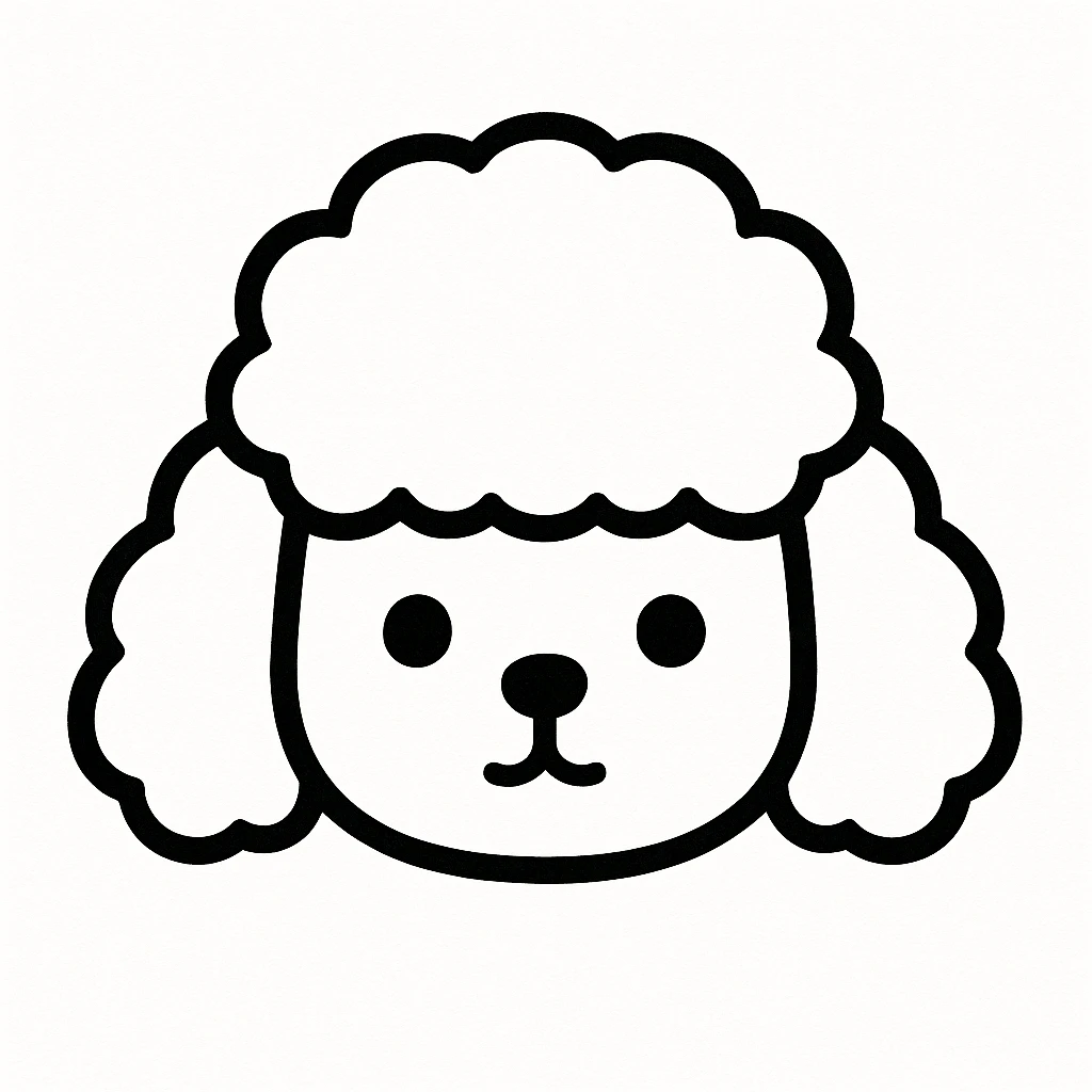 kawaii minimalist cartoon dog head inspired by poodle with round, fluffy head, curly droopy ears, wide-set dot eyes, tiny round nose, upside-down 'Y' mouth. thick, bold black lines only, white background, no color or shading. calm, gentle, symmetrical, and cozy. slight hand-drawn feel, very polished, perfect for stickers or coloring books. emoji