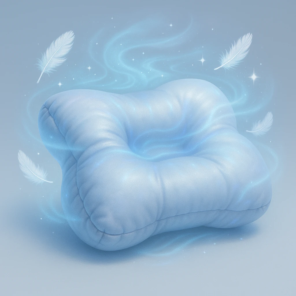 magical ethereal pillow shimmering with cool silver and icy blue light, swirling gently like mist, soft airy feathers floating around it glowing with tiny sparkles, soothing frost aura radiating from the pillow symbolizing refreshing coolness, waves of gentle supportive energy cradling a person's neck and head banishing pain like an enchanted spell creating peaceful dreamy sleep under a starlit sky emoji