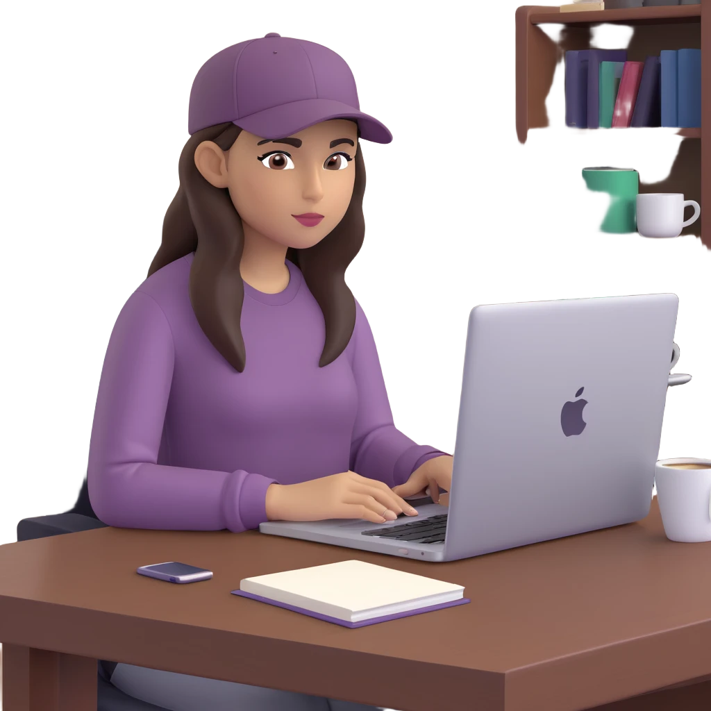 young woman with olive skin and long, dark brown hair, wearing a long-sleeved dark mauve shirt. She is wearing a black baseball cap.. She's sitting at a sleek wooden desk with a hardcover book, and to her right is a white coffee mug, while she looks and types on a silver MacBook.  emoji