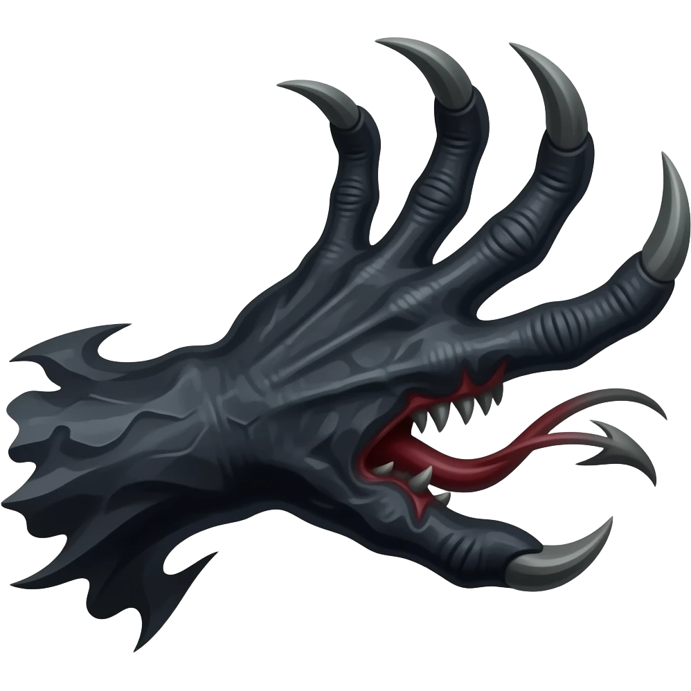 Long dark Demonic hand with sharp claws. Make the hand reach out to attack and slash towards the right of the image violently. Shift the perspective to a side profile to show the curvature and length of the claws more clearly. emoji