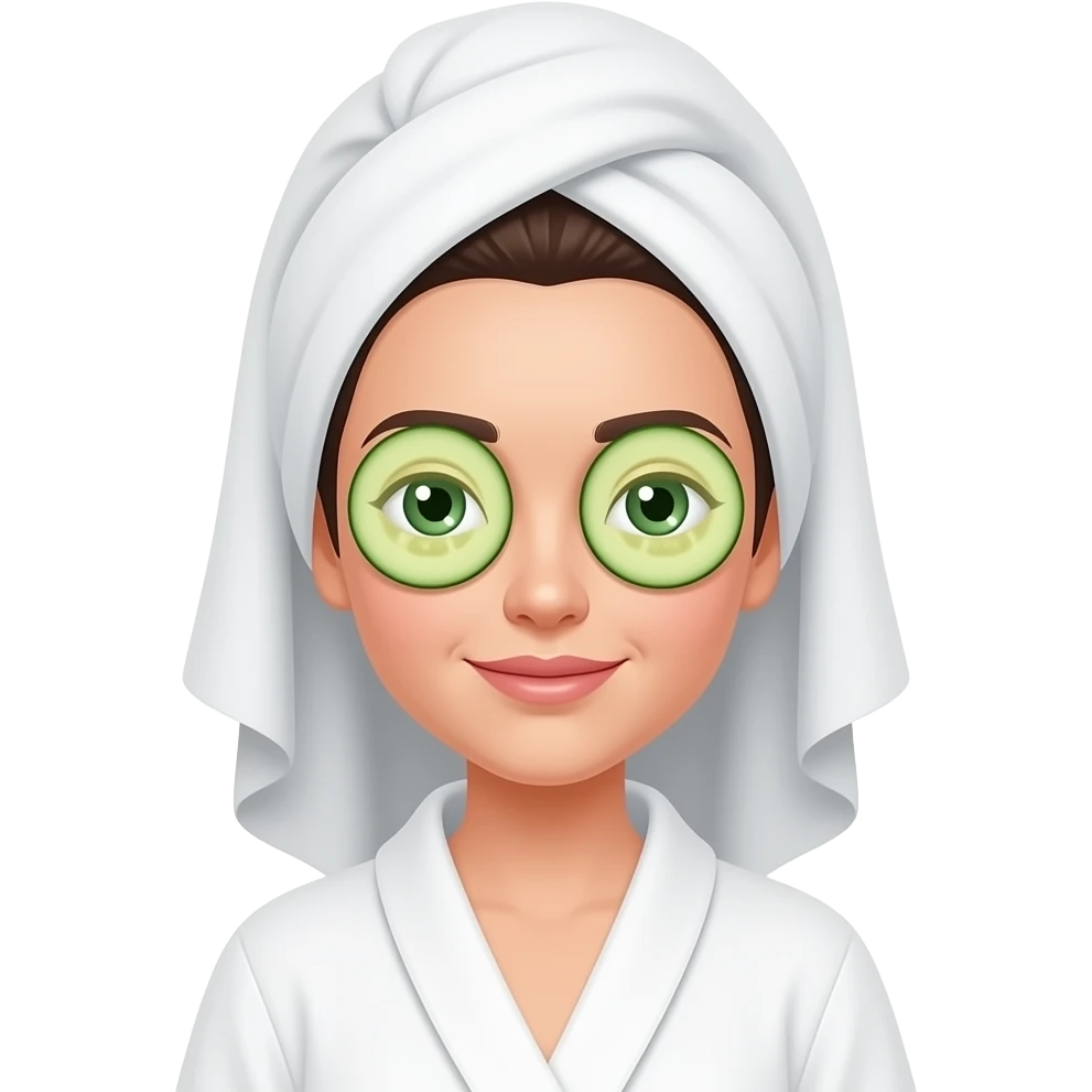 A white girl with dark brown hair and green eyes, wearing a white bathrobe, a white towel covering her hair from the waist up, and cucumber slices on her eyes. emoji