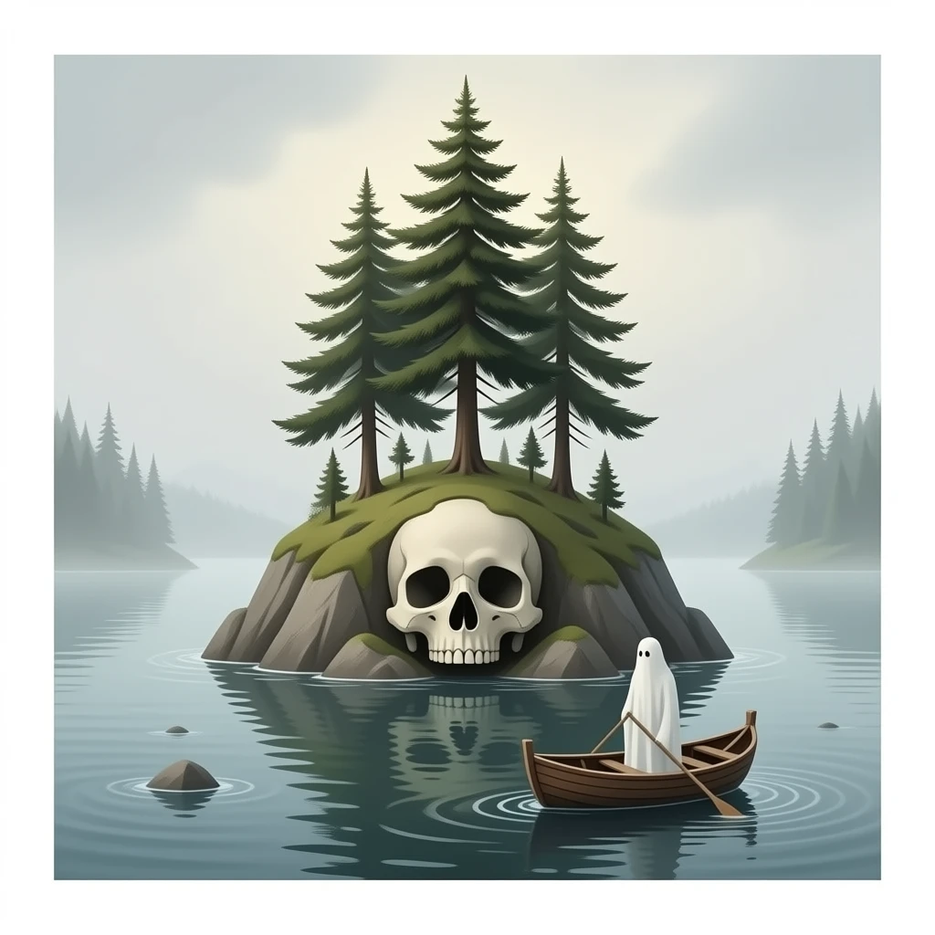 cinematic - Arnold Böcklin's Island of the Dead, a small isolated island in the shape of a skull with tall pine trees in the middle, in front of the island a broken boat with a ghost rowing emoji