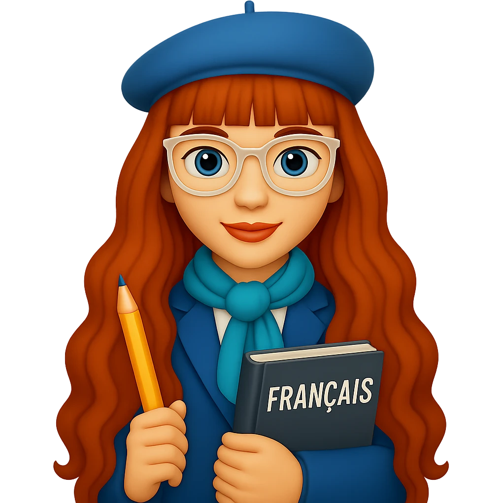 Add straight bangs to her hairstyle, keep her hair very long and wavy, clear-framed glasses, French teacher in a stylish outfit, holding a pencil and a French textbook. The style should resemble emoji style. Remove background. emoji